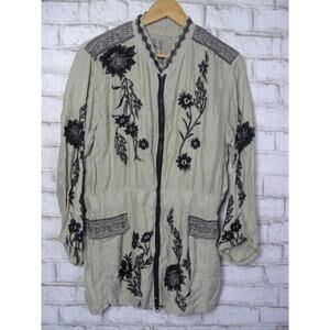 $298 Johnny Was Crawford Khaki Black Embroidered Zip Up Cupra Jacket Medium NEW